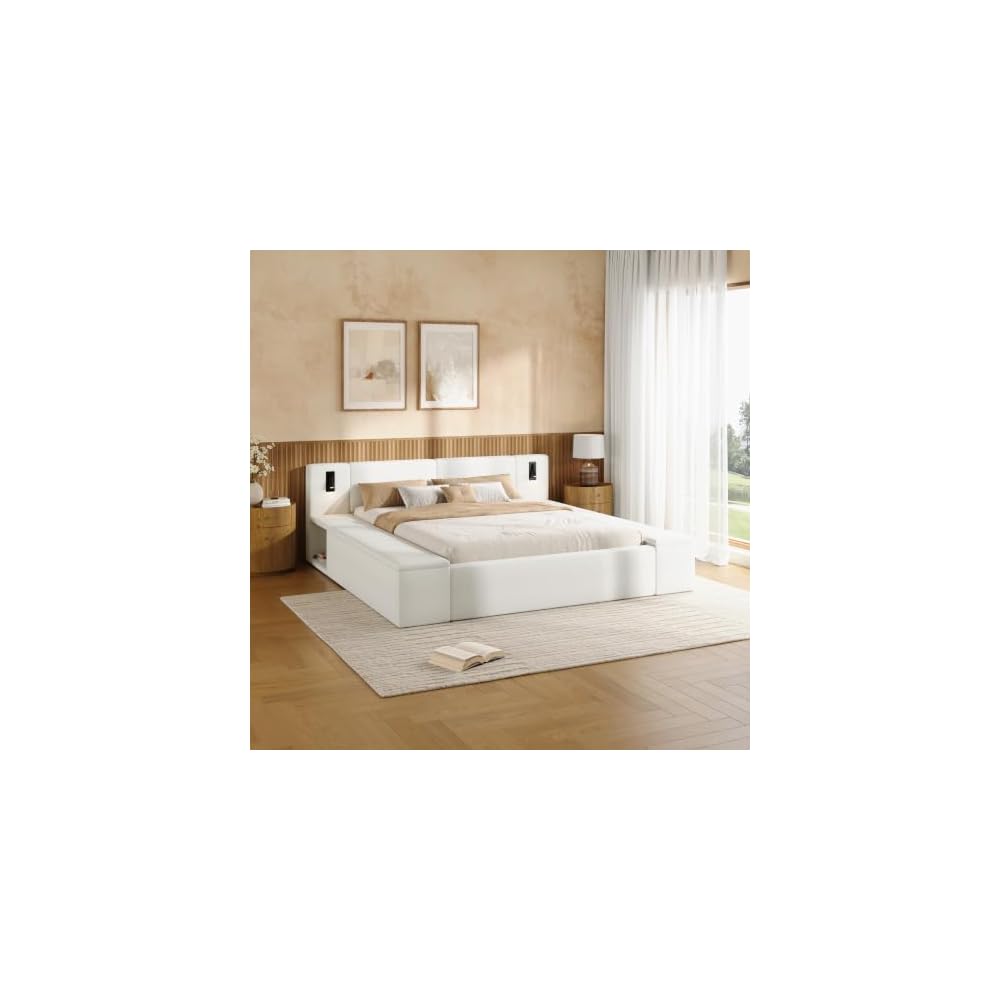 Bouclé Upholstered Platform Bed with Headboard, Hidden Storage,White