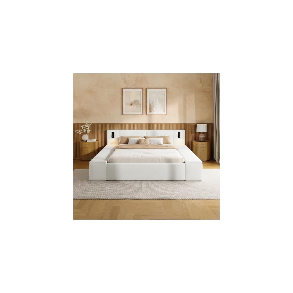 Bouclé Upholstered Platform Bed with Headboard, Hidden Storage,White