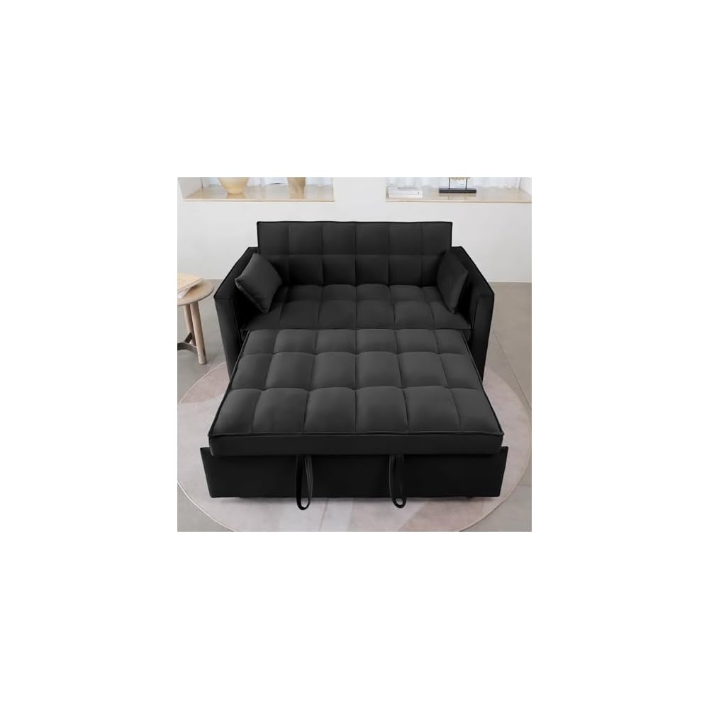 3-in-1 Pull Out Couch, 55.3'' Convertible Futon Sofa Bed, Velvet Sleeper Loveseat with Pillows, Pockets, Small Sofa Cama for Living Room, Apartment, Black
