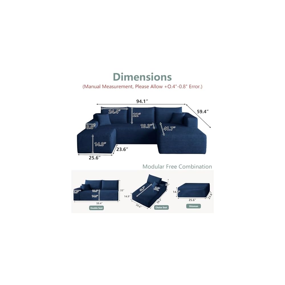95" Boneless Couch with Ottoman, Modern U Shaped Cloud Sectional Couch