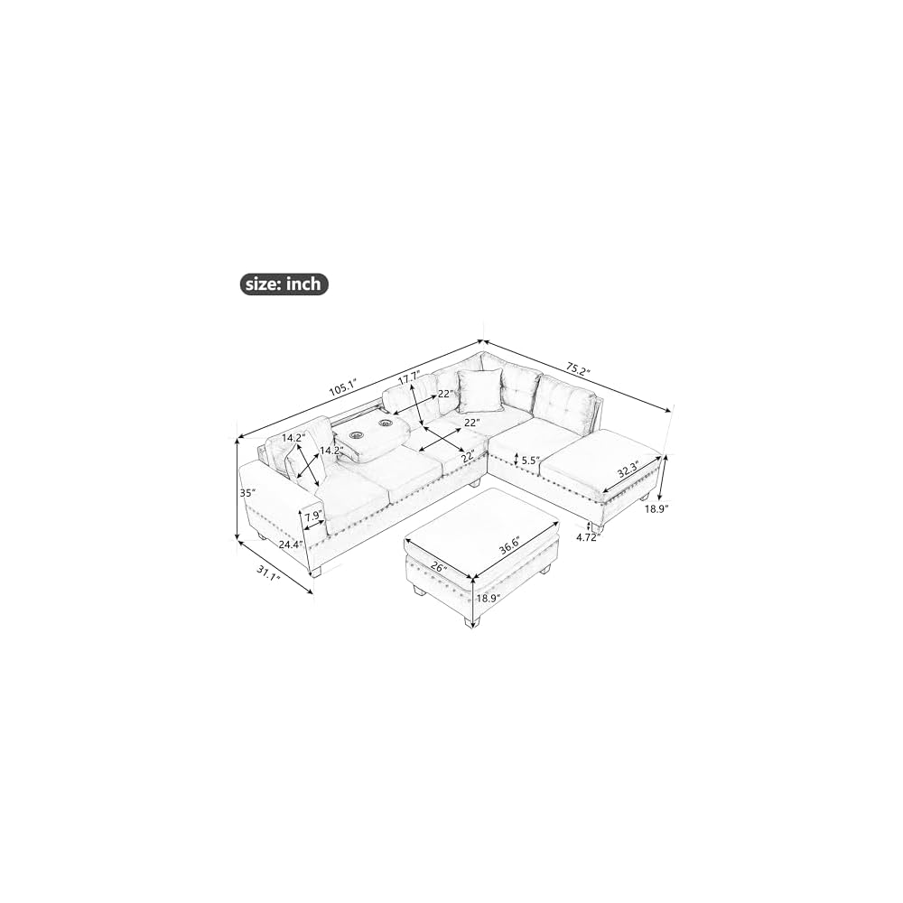 L-Shape Sectional Couch with Storage Ottoman,105" Couches for Living Room W/ 2 Pillows & Cup Holders,6 Seat Velvet Sleeper Sofa W/Reversible Chaise,Comfy Couches for Apartment,Black