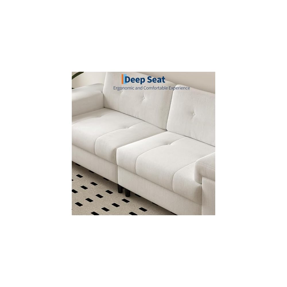 85" Modern Chenille Sofa with Adjustable Armrests, Deep Seat 3-Seater Couch with Button-Tufted Back, Multi-Functional Upholstered Loveseat for Living Room & Bedroom, Easy Assembly (Beige)