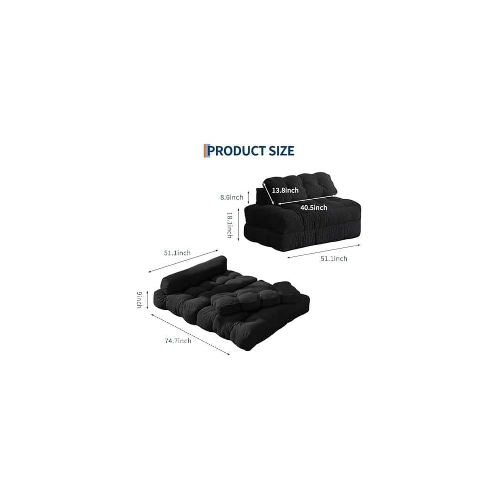 3-in-1 Folding Convertible Sofa Bed with Pillow Foldable Matress with Back Support, Black Double Comfy Portable Sleeper Chair Floor Sofa Lounge for Living Room Bedroom, No Assemble Required