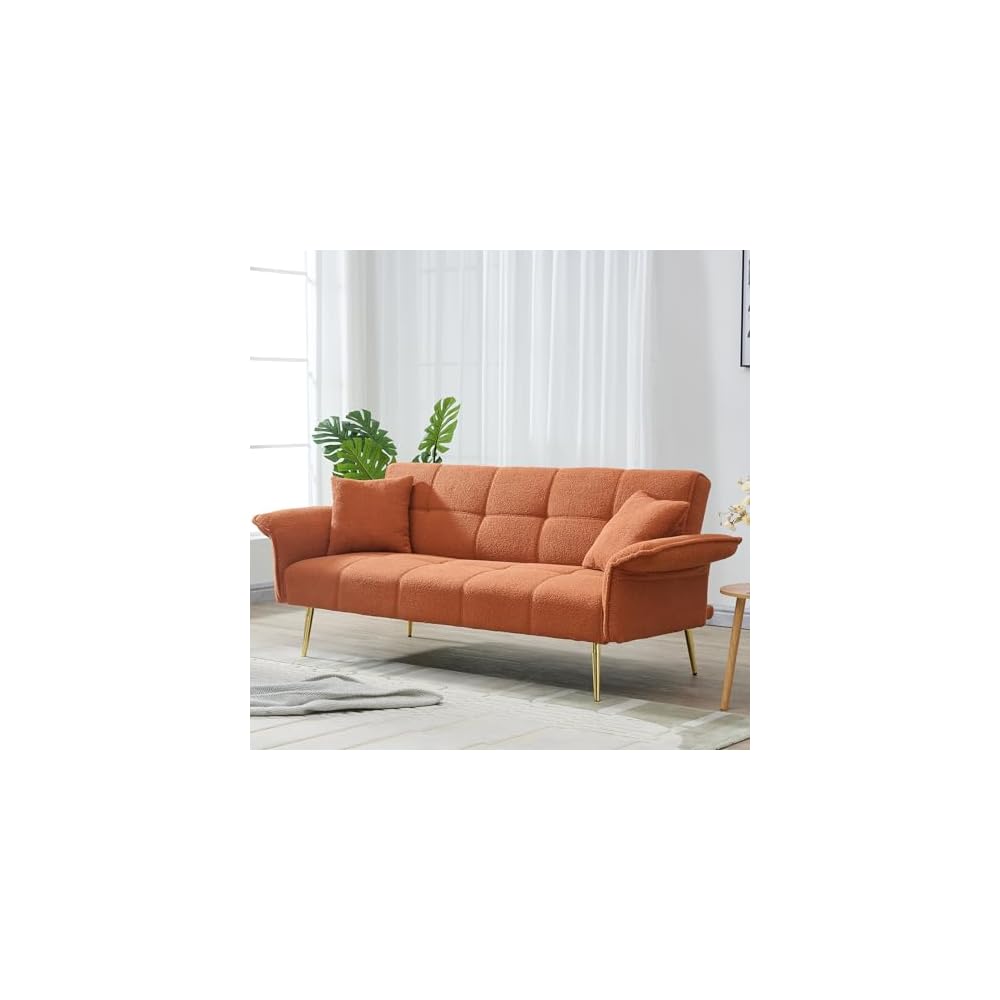 70" Convertible Loveseat Sleeper Sofa Orange,with 3 Reclining Backrests,Covertible Foldable Couch Bed,Teddy Fabric Loveseat Couch for Living Room, Apartment,Office