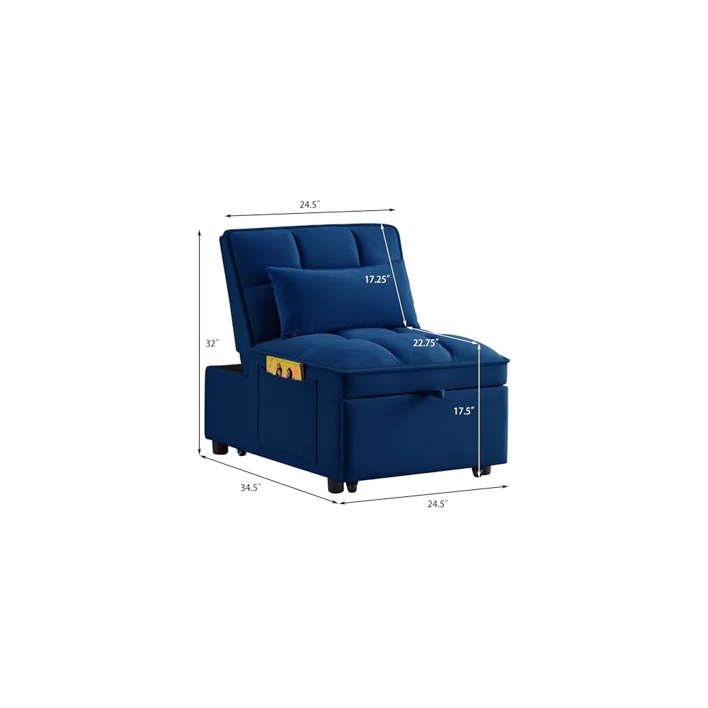 4 in1 Multi-Function Single Sofa Bed with Storage Pockets,Tufted Single Pull-Out Sofa Bed with Adjustable Backrest and Pillows,Convertible Chaise Lounge,for Small Room Apartment (Navy)