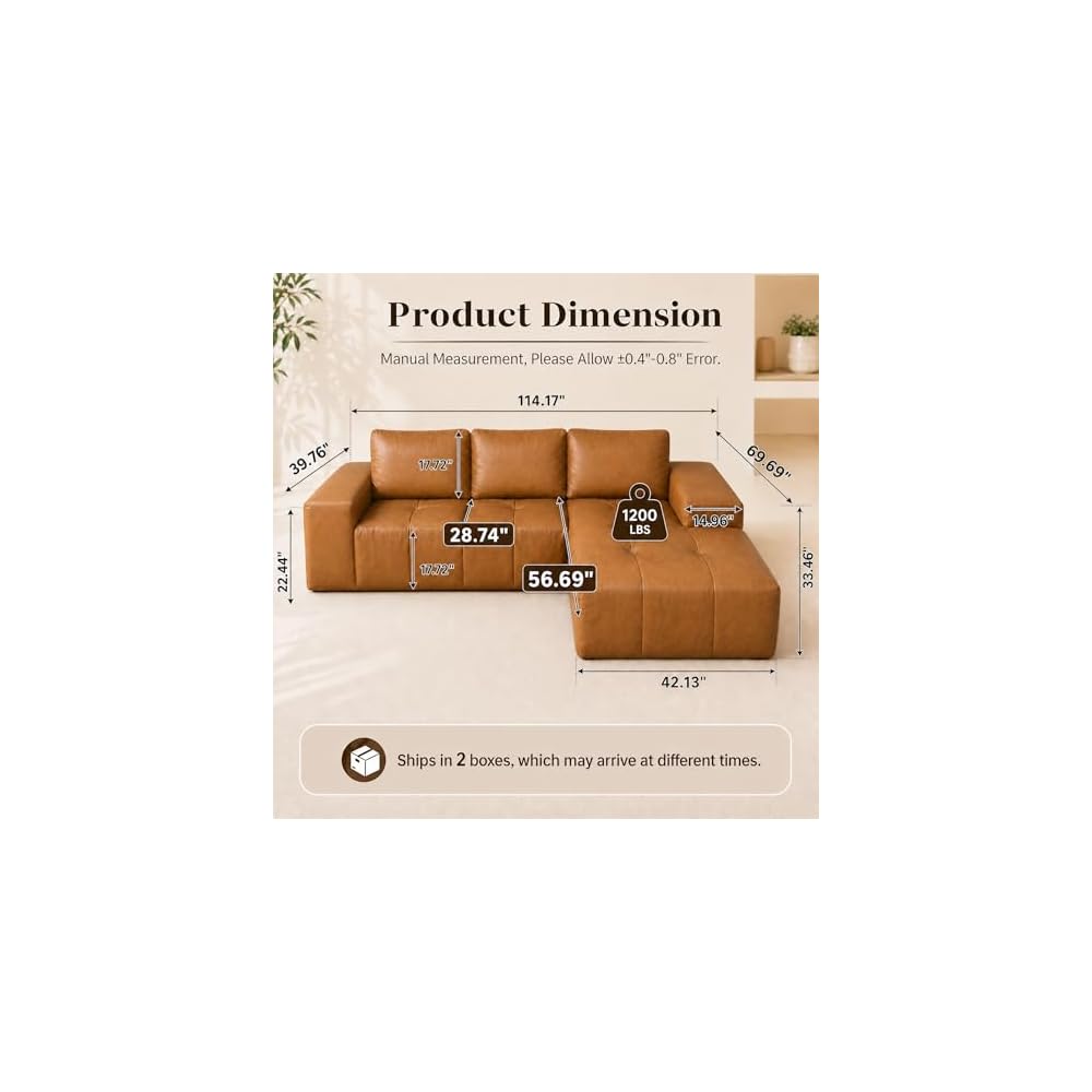 114” Boneless Sectional Couches for Living Room, Brown Cloud Faux Leather Couch in a Box, Modular Sectional Sofas for Living Room, L Shaped Couch with Chaise, Memory Foam Deep Seat,Right Chaise