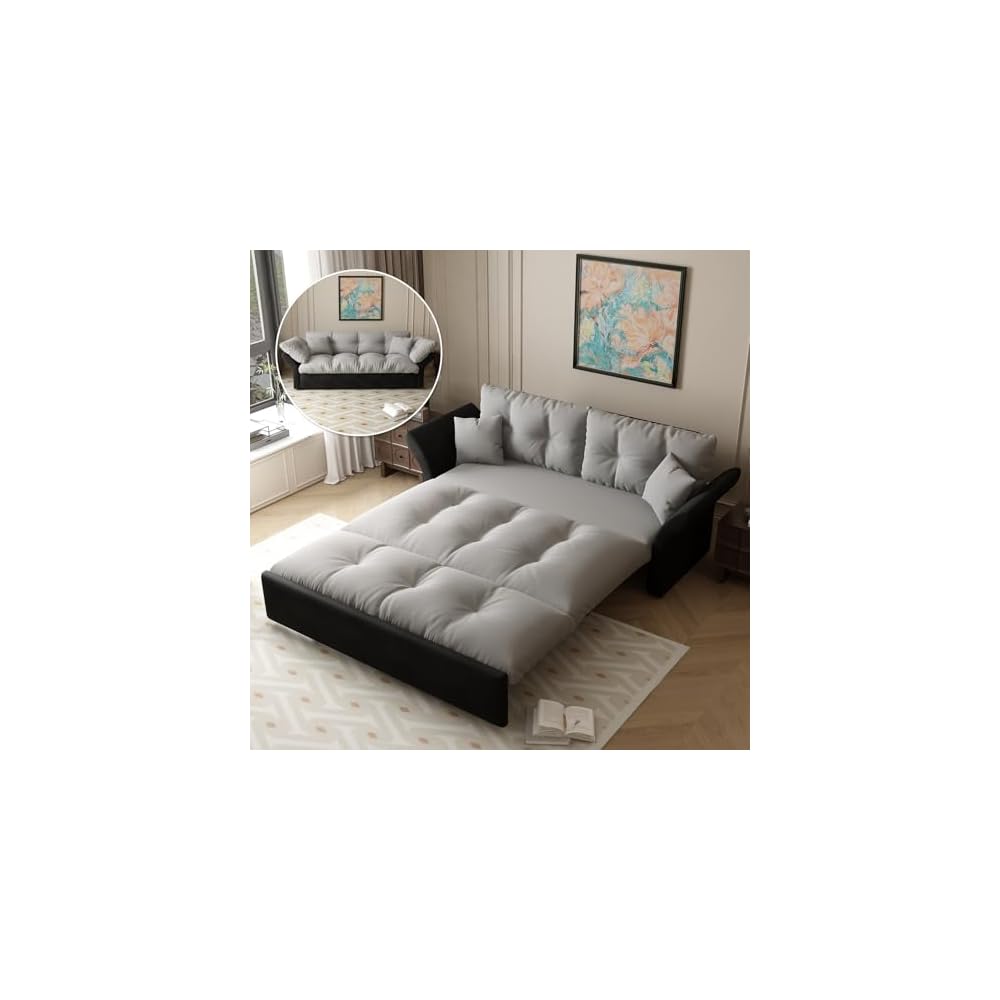 74.8” Queen Pull Out Sofa Bed, 3 in 1 Convertible Sleeper Sofa Futon Pullout Couch, Velvet Tufted Cloud Loveseat with 2 Pillows for Living Room Bedroom Apartment, Grey