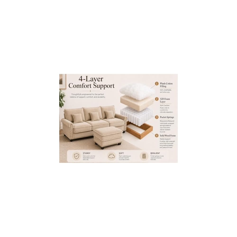 3 Seater Sofa with Ottoman, Oversized Corduroy Couch with Deep Seat & Plush Cushions, Comfy Upholstered Living Room Sofa Set with Nailhead Trim, Coffee