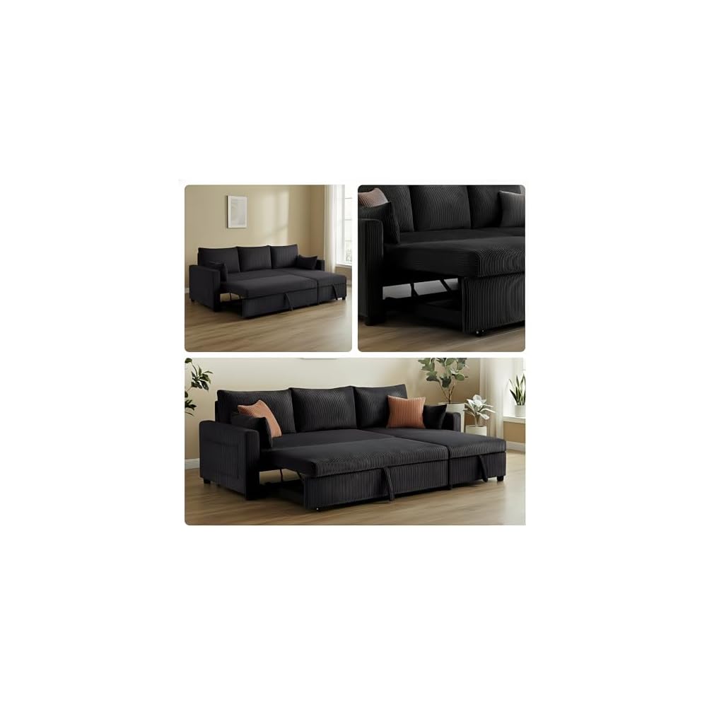 Sectional Sleeper Sofa with Pull Out Bed, L Shape Convertible Sofa Bed Couch with Storage Chaise, 3 in 1 Pull Out Sofa Bed with 3 Seats for Living Room,Apartment, Black, 85Inch