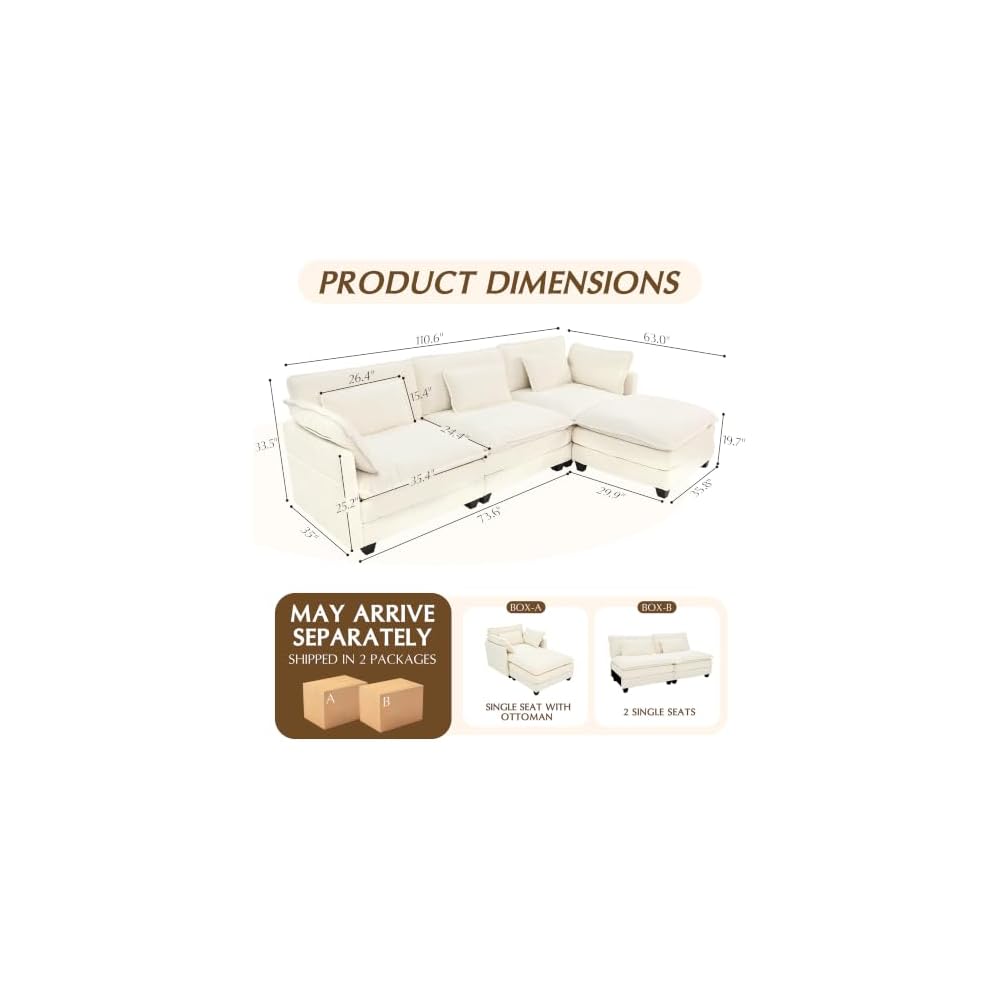 111" L Shaped Sectional Couches for Living Room with Movable Ottoman, Modular Cloud Couch with Deep Seat, Comfy Corduroy Sofa with Pillows for Bedroom and Apartment, Beige