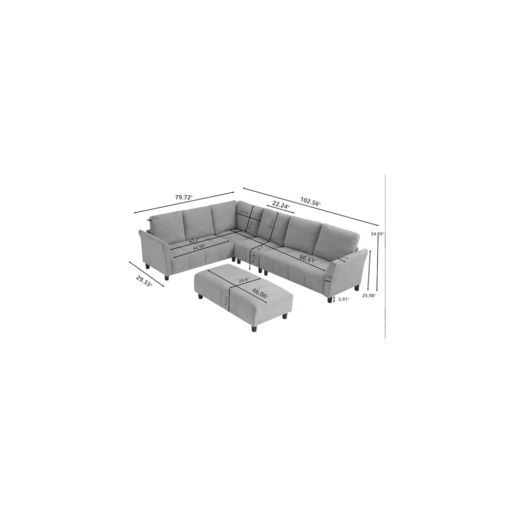 103" Convertible Sectional Sofa with Long Ottoman, Modern Upholstered Fabric L-Shaped Couch with Back Cushions, 6 Seat Sofa Couches for Living Room, Apartment, Office, Light Grey