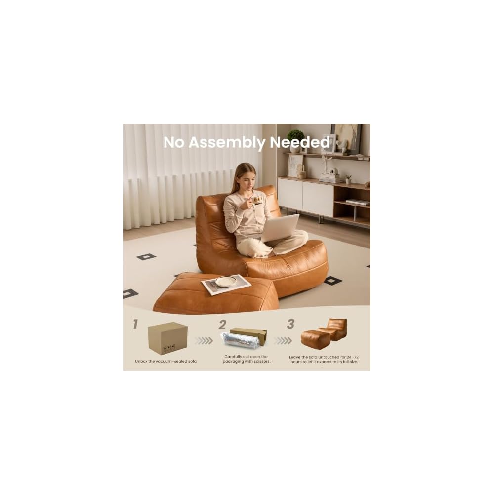 Lazy Sofa with Ottoman - Accent Chair Upholstered with Footrest Set, Faux Leather Fabric Modern Chaise Lounge, Cozy Reclining Chair for Reading Room, Living Room, Brown