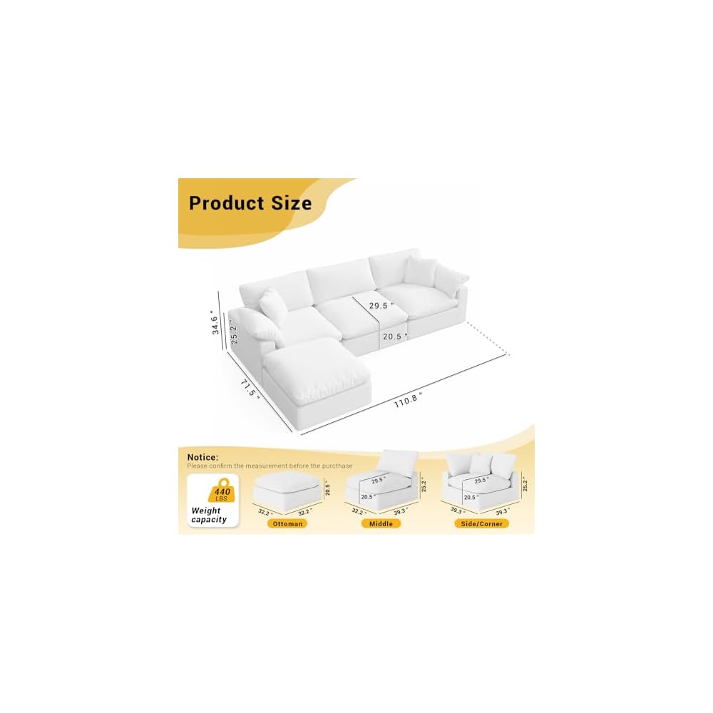 Cloud Modular Couch for Living Room,L Shape Linen Blend Sofas,Modern Deep Seat Cloud Sofas,Convertible Comfort Down Filled Sectional Couches,Removable Washable Cushion Covers,White