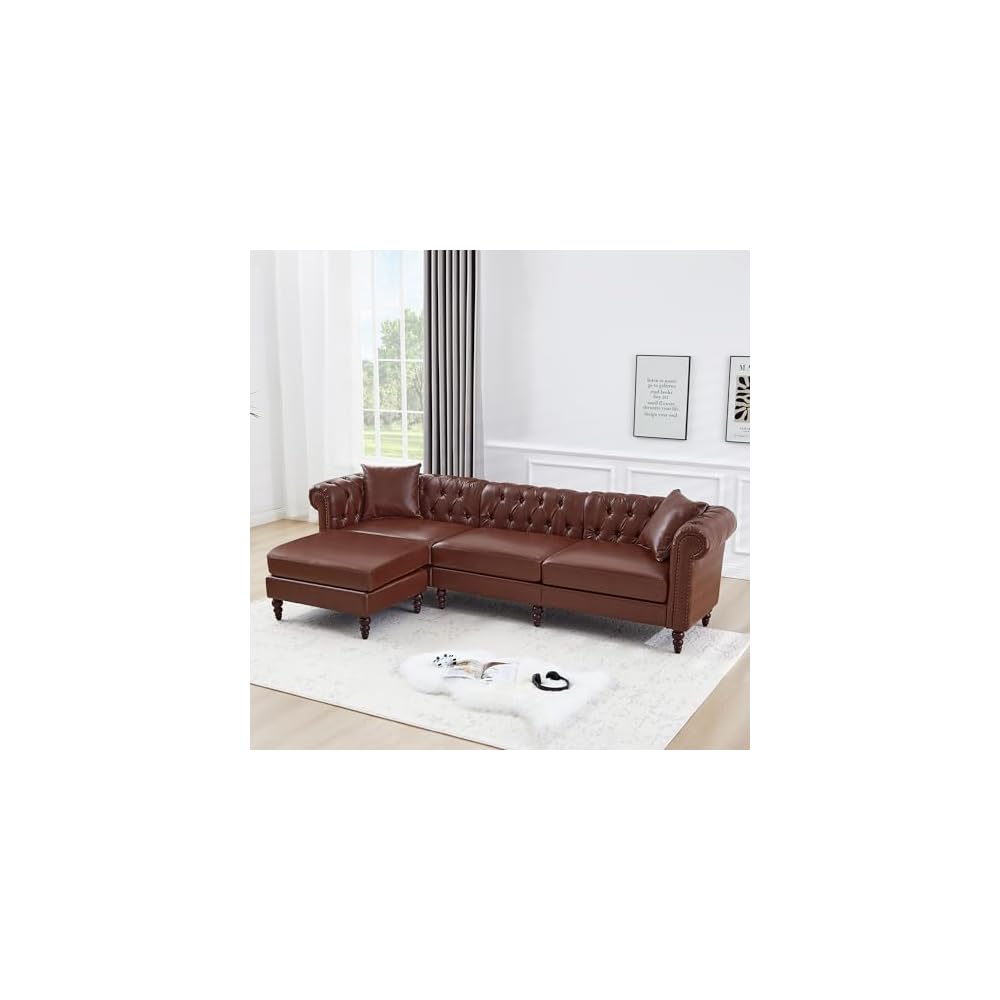 108” L-Shaped Chesterfield Sectional Couch with Movable Ottoman, 4-Seat Couch with Rolled Arms, Upholstered PU Leather, Mid-Century Tufted Corner Sofa for Living Room Bedroom Office (Brown)