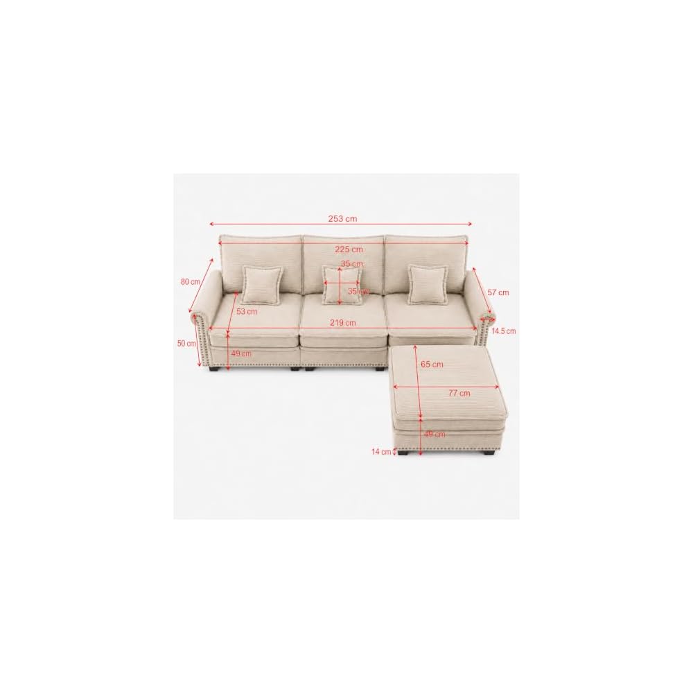 3 Seater Sofa with Ottoman, Oversized Corduroy Couch with Deep Seat & Plush Cushions, Comfy Upholstered Living Room Sofa Set with Nailhead Trim, Coffee