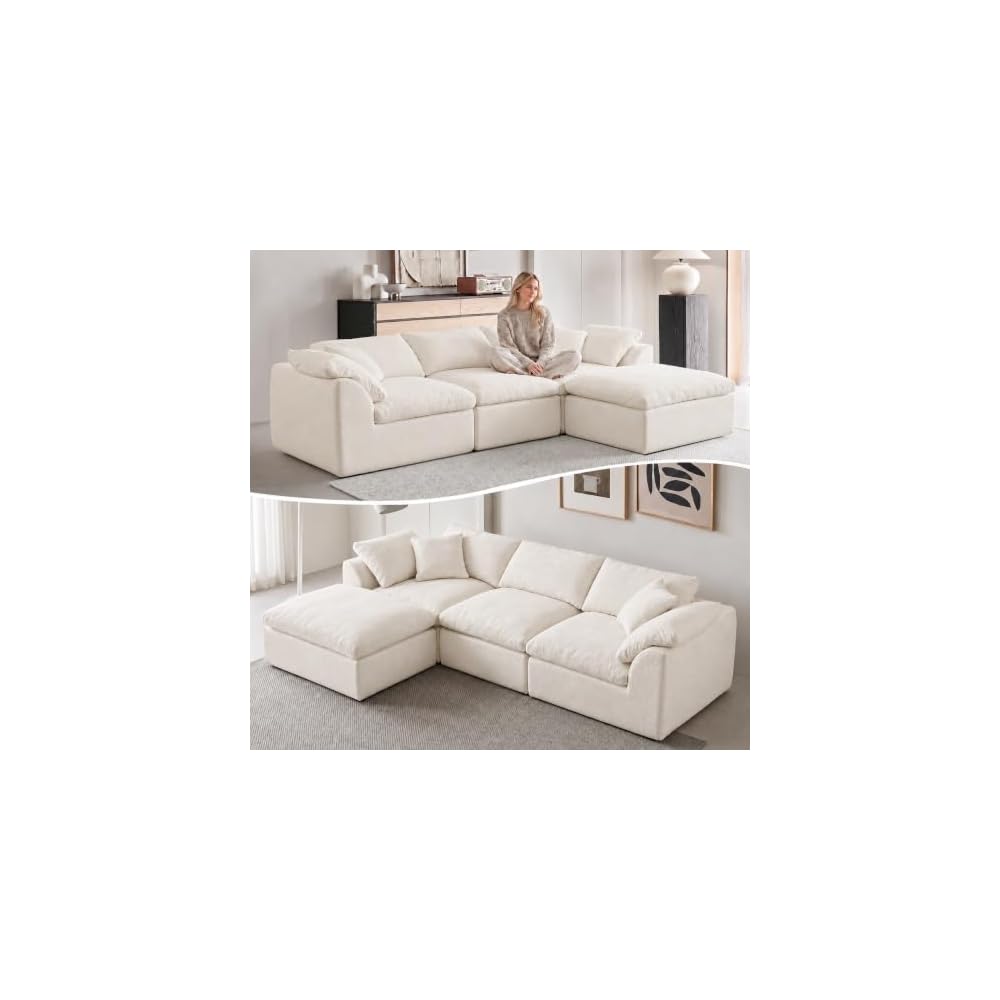 109" Boneless Cloud Couch Sectional for Living Room, Oversized Modular L Shaped Sofa with Ottoman, Deep Seat Chenille Sectional Couch for Cloud-Like Comfort (Creamy White)