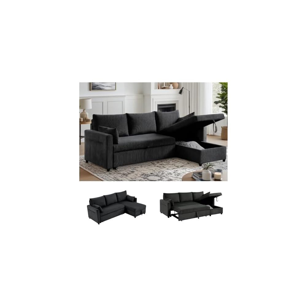 Sectional Sleeper Sofa with Pull Out Bed, L Shape Convertible Sofa Bed Couch with Storage Chaise, 3 in 1 Pull Out Sofa Bed with 3 Seats for Living Room,Apartment, Black, 85Inch