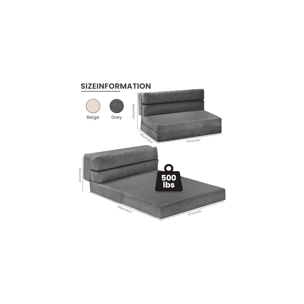 Folding Sofa Bed, Convertible Sleeper Chair with Pilow Foldable Matress, 2 in 1 Pull Out Loveseat Sofa Portable Fold Out Chair Bed Floor Couch Lounge for Living Room Bedroom (Grey, Full)