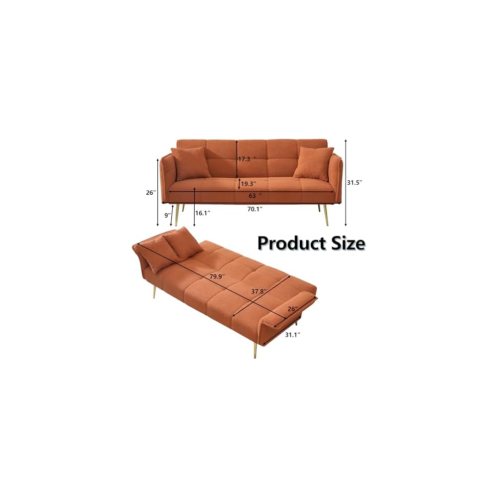 70" Convertible Loveseat Sleeper Sofa Orange,with 3 Reclining Backrests,Covertible Foldable Couch Bed,Teddy Fabric Loveseat Couch for Living Room, Apartment,Office