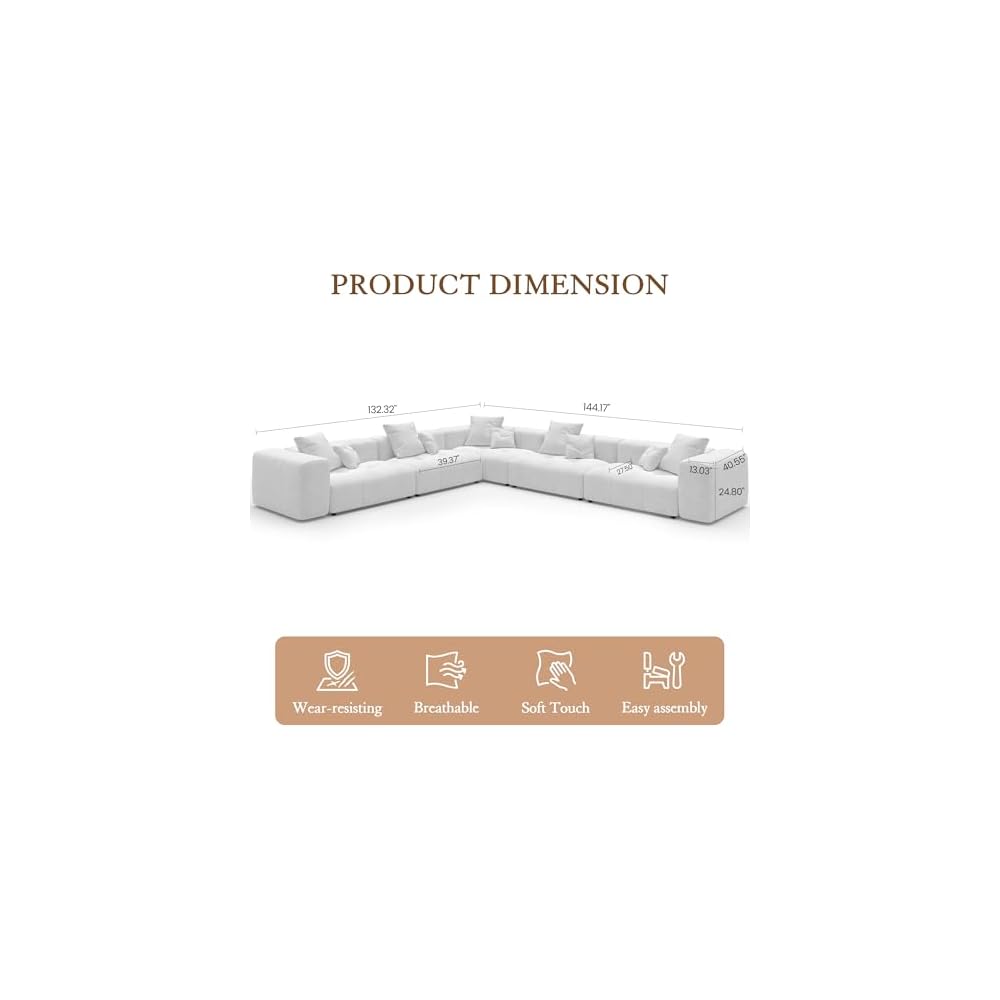Oversized V Shaped Modular Sectional Sofa, 5-Seat Cloud Couch Breathable Linen Fabric Modern Couches for Living Room/Bedroom/Apartment, Easy Assembly, White