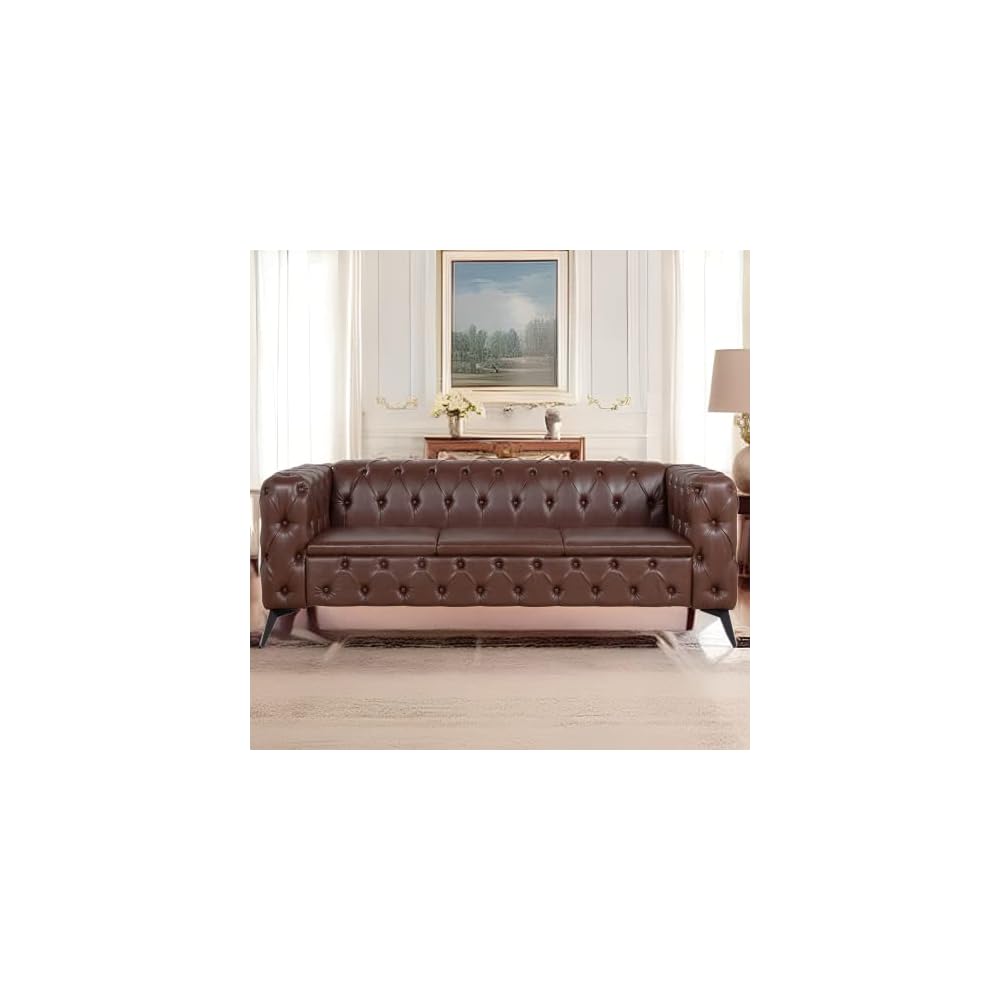 Brown Oversized Sofas for Living Room Modern Tufted Faux Leather Couch Deep Seat Chesterfield Sofa Comfy Classic Tight Pleated Rolled Arms 85” 3 Seater Couches (Brown)