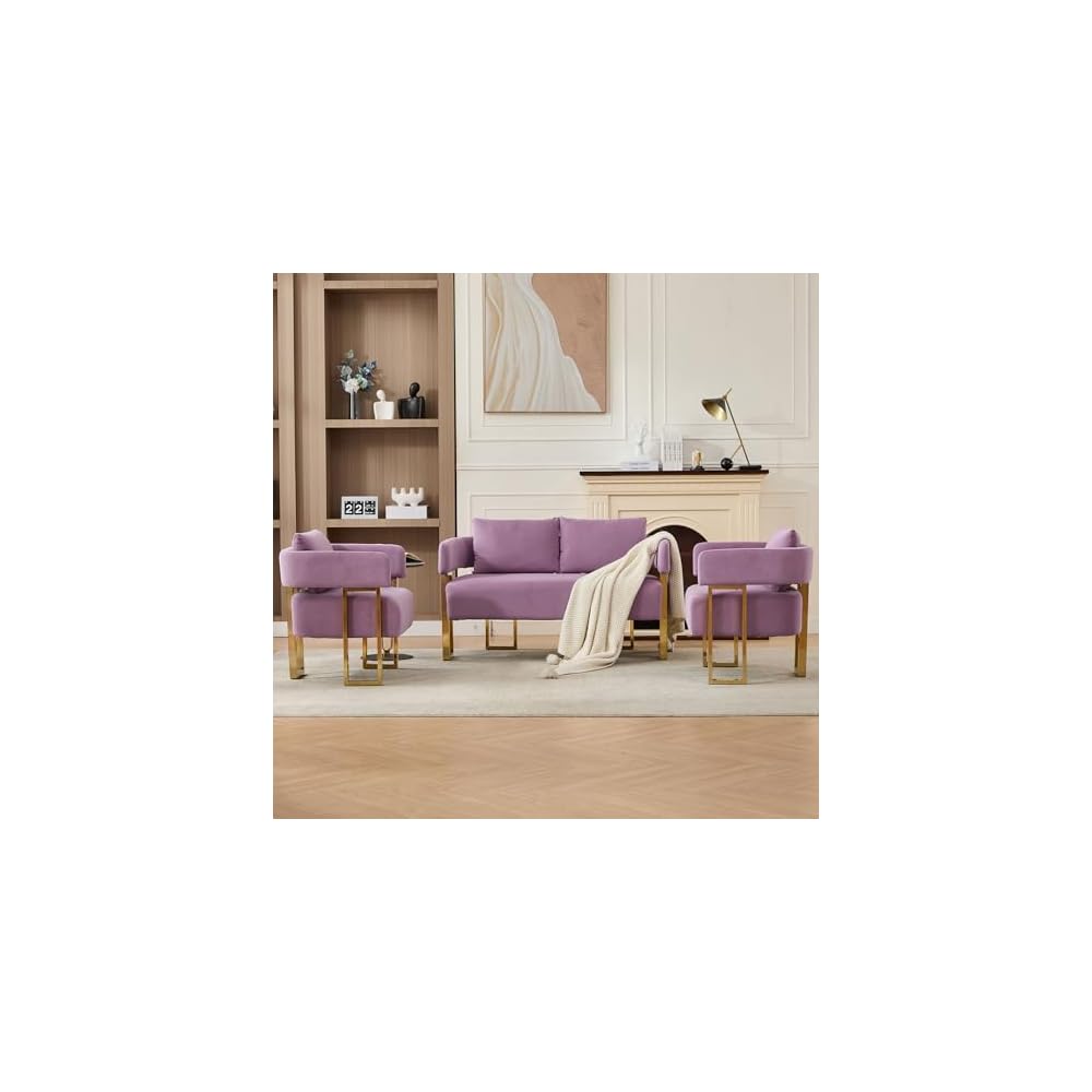 51 Inch Lilac Loveseat Sofa, Teddy Office Love Seat with 2 Pillows for Small Spaces, Small Two Seater Couch with Metal Gold Legs & Side Pockets, Modern Loveseats for Bedroom Living Room (Lilac)