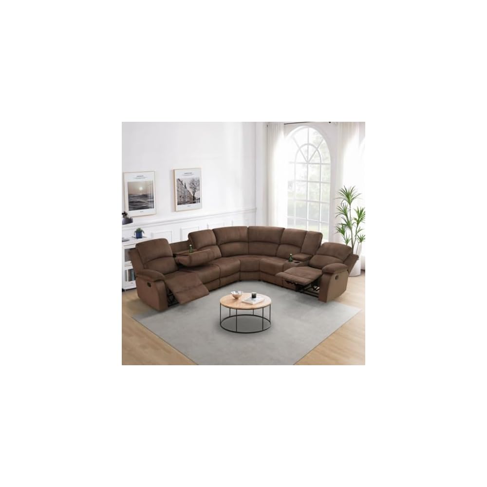 Reclining Sectional Sofa Set, L Shaped Recliner Couch with Cup Holder and Storage Console for Home Theater & Living Room, Brown
