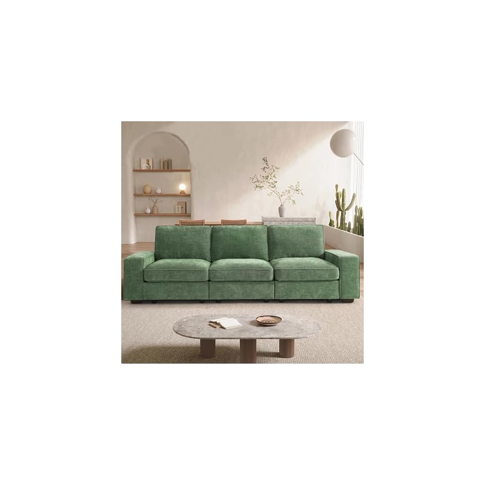 100" Modular Sofa with Seats Storage, Comfy 3-Seater Chenille Fabric Couch for Living Room, Office, Apart W/Deep Seat, USB Charging, Upholstered Couch with Removable Cover(Green)