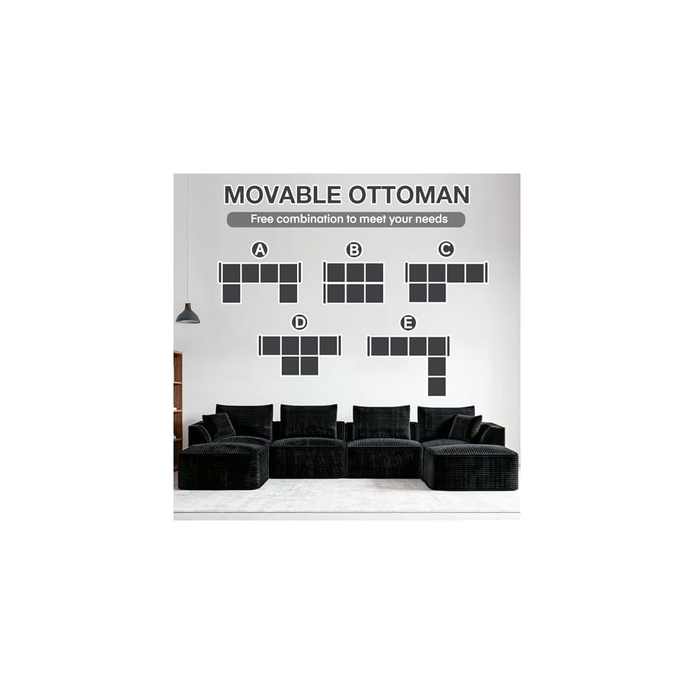 130" Modular Sectional Cloud Boneless Couch for Living Room, Black