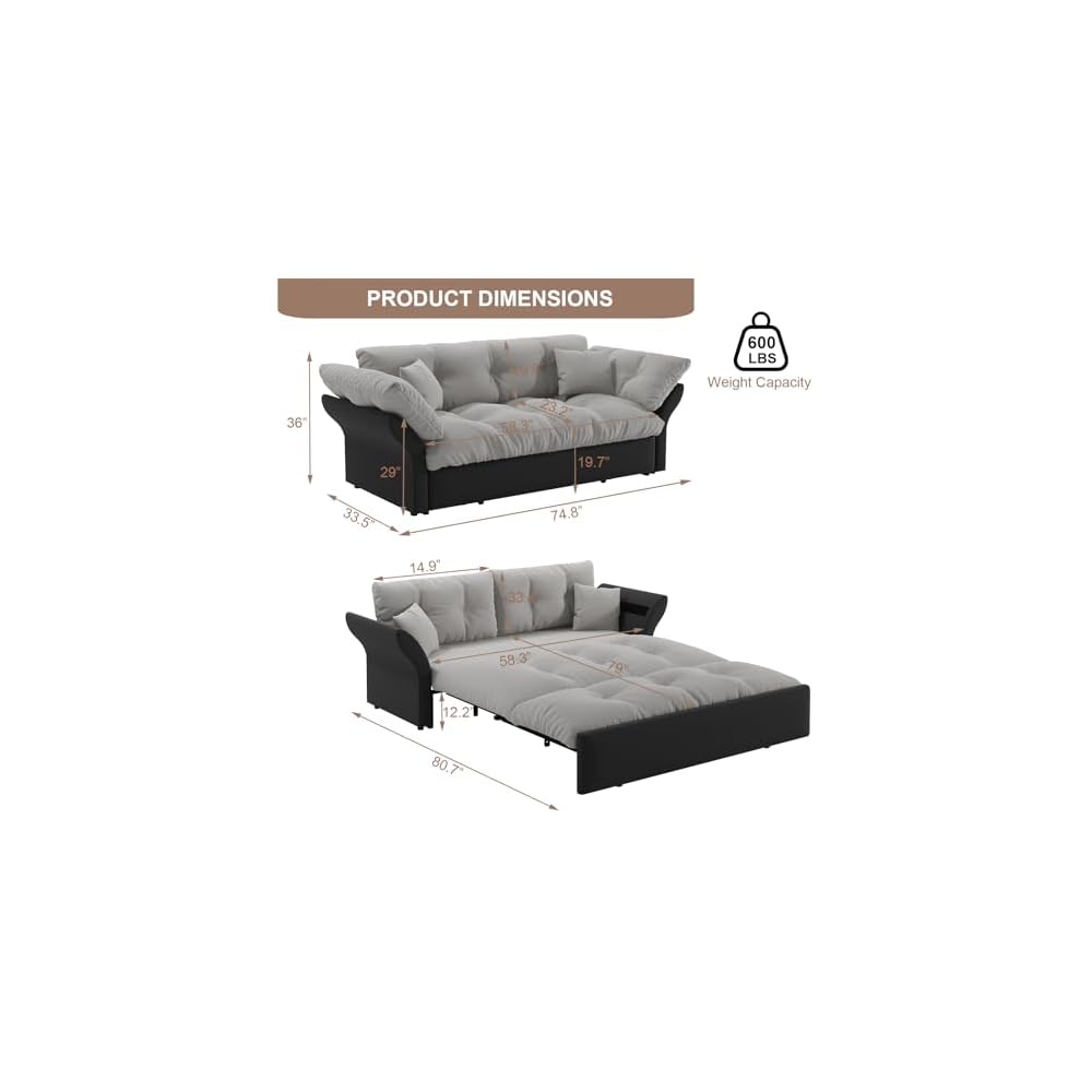 74.8” Queen Pull Out Sofa Bed, 3 in 1 Convertible Sleeper Sofa Futon Pullout Couch, Velvet Tufted Cloud Loveseat with 2 Pillows for Living Room Bedroom Apartment, Grey