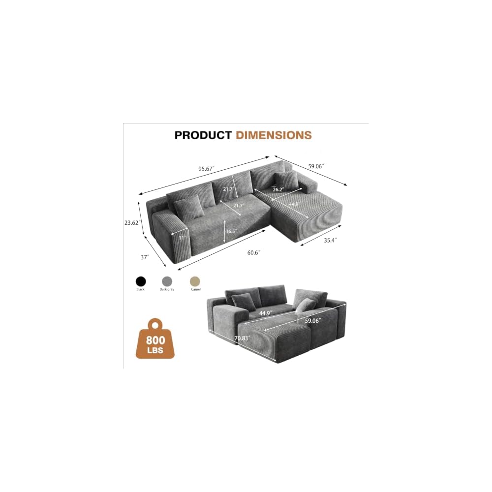 96'' L-Cloud Sectional Boneless Couches for Living Room, Corduroy Fabric Modular Sectional Sofa with Chaise, Cloud-Couch Deep Seat Sofa, No Assembly Required, Gray