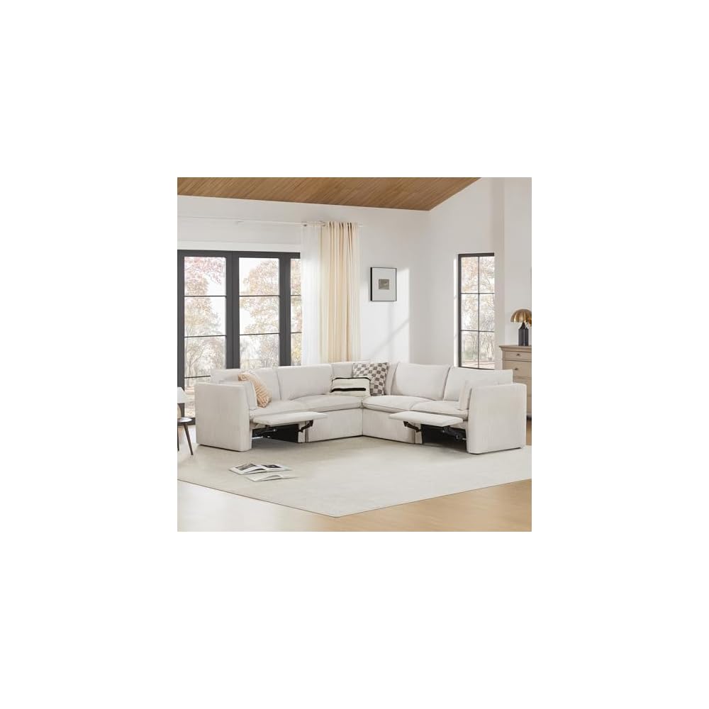 Power Sectional Down Filled Corner Sofa, Comfty Feather V Shape Power Modular, FSC Certified Modern Cloud Couch with Electric Footrests, 107 inch Width,5 Seat Sofa, Snow