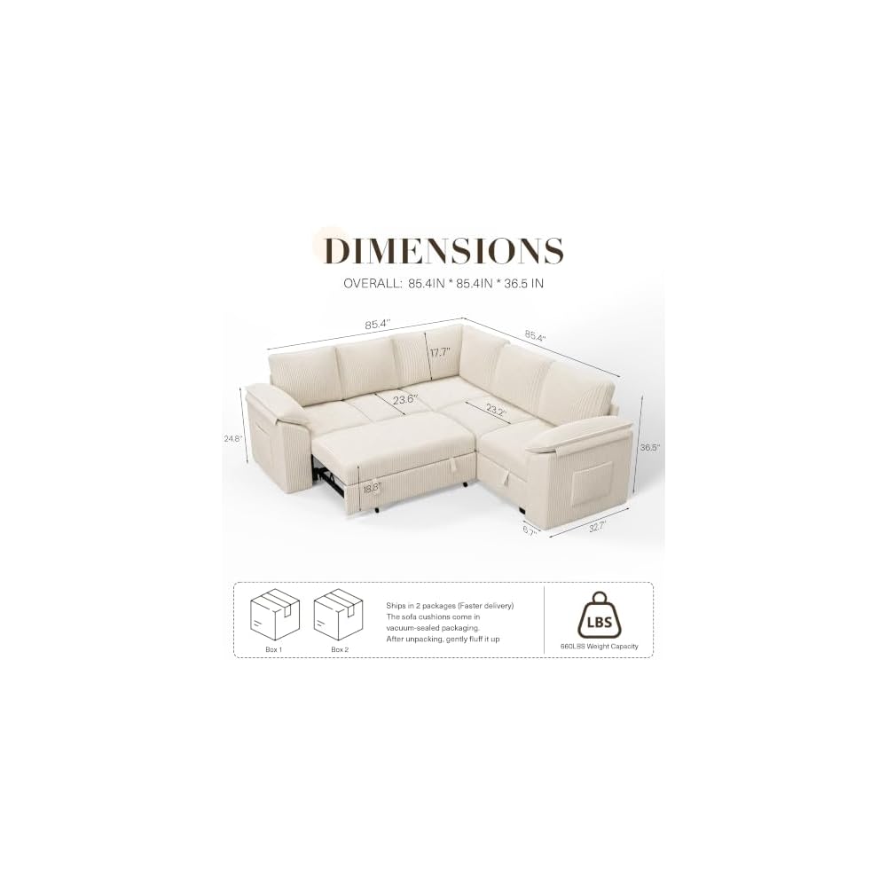 Modular Sectional Sofa with Pull Out Bed, Sleeper Sectional with Storage
