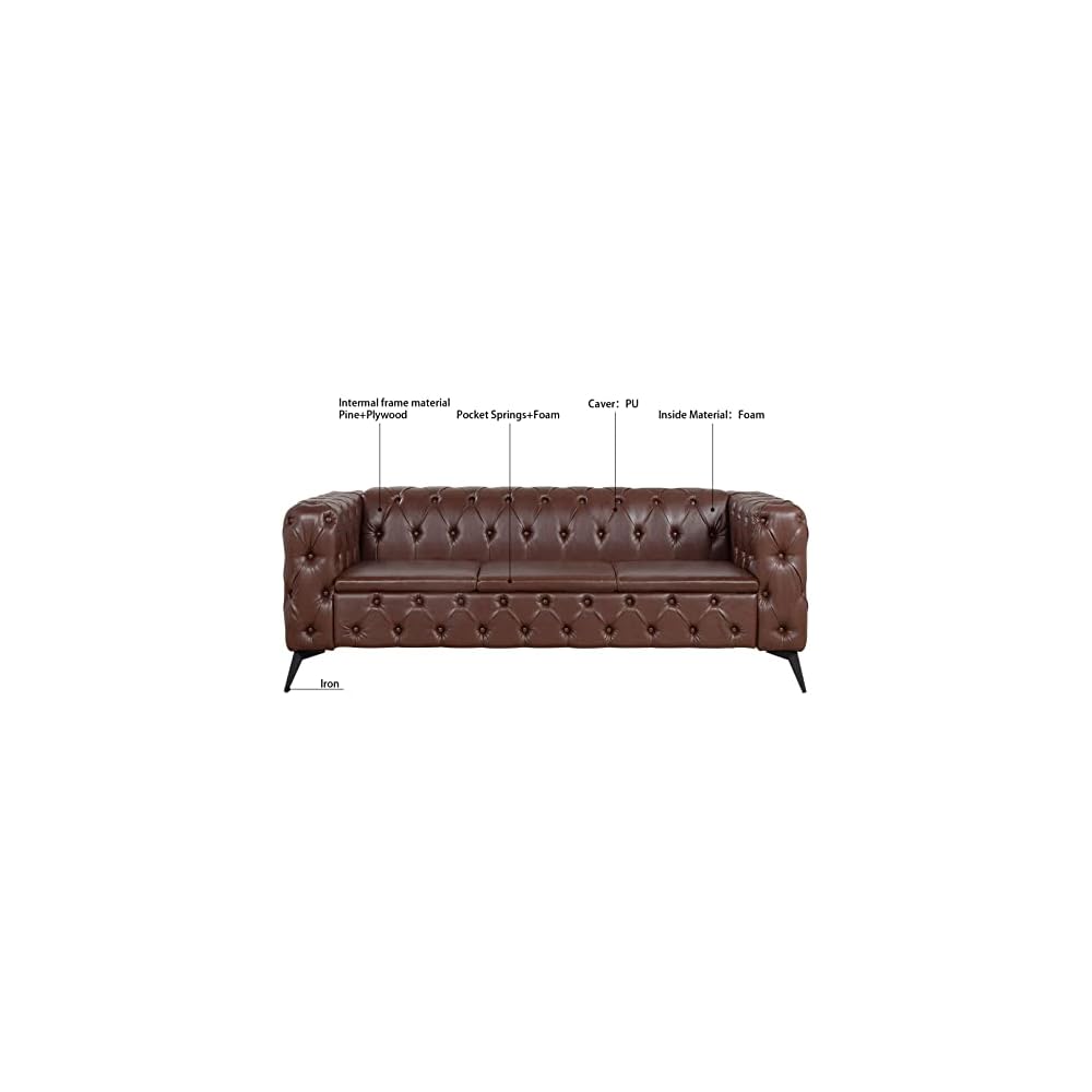 Brown Oversized Sofas for Living Room Modern Tufted Faux Leather Couch Deep Seat Chesterfield Sofa Comfy Classic Tight Pleated Rolled Arms 85” 3 Seater Couches (Brown)