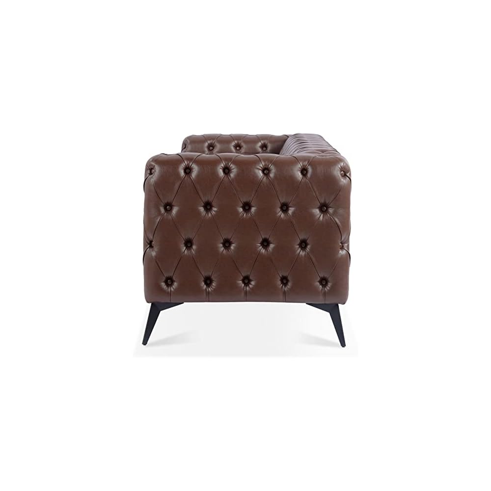 Brown Oversized Sofas for Living Room Modern Tufted Faux Leather Couch Deep Seat Chesterfield Sofa Comfy Classic Tight Pleated Rolled Arms 85” 3 Seater Couches (Brown)