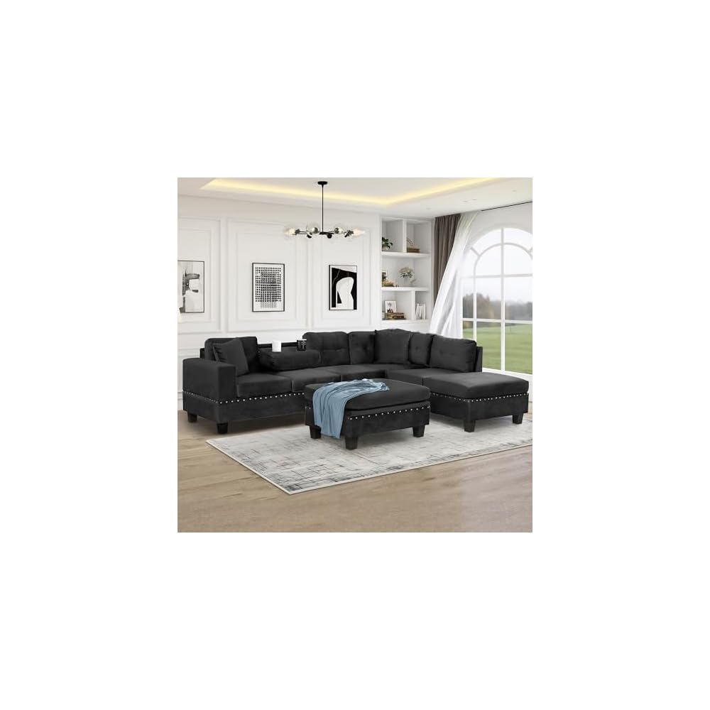 L-Shape Sectional Couch with Storage Ottoman,105" Couches for Living Room W/ 2 Pillows & Cup Holders,6 Seat Velvet Sleeper Sofa W/Reversible Chaise,Comfy Couches for Apartment,Black