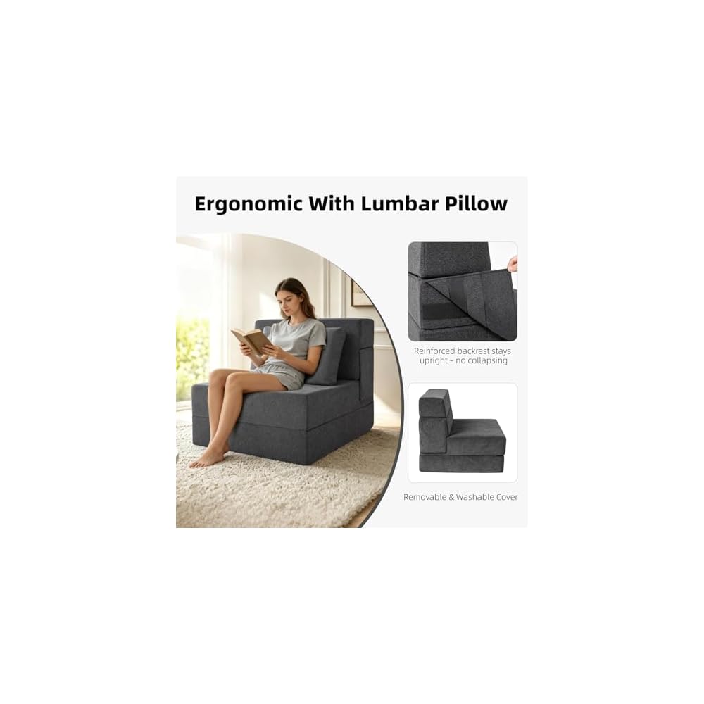 Folding Sofa Bed, Convertible Sleeper Chair with Pillow, Fold Out Chair Bed, High-Density Foam Floor Couch Bed, Foldable Futon Couch Lounge for Living Room (Grey, Single)