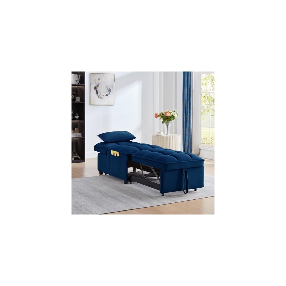 4 in1 Multi-Function Single Sofa Bed with Storage Pockets,Tufted Single Pull-Out Sofa Bed with Adjustable Backrest and Pillows,Convertible Chaise Lounge,for Small Room Apartment (Navy)