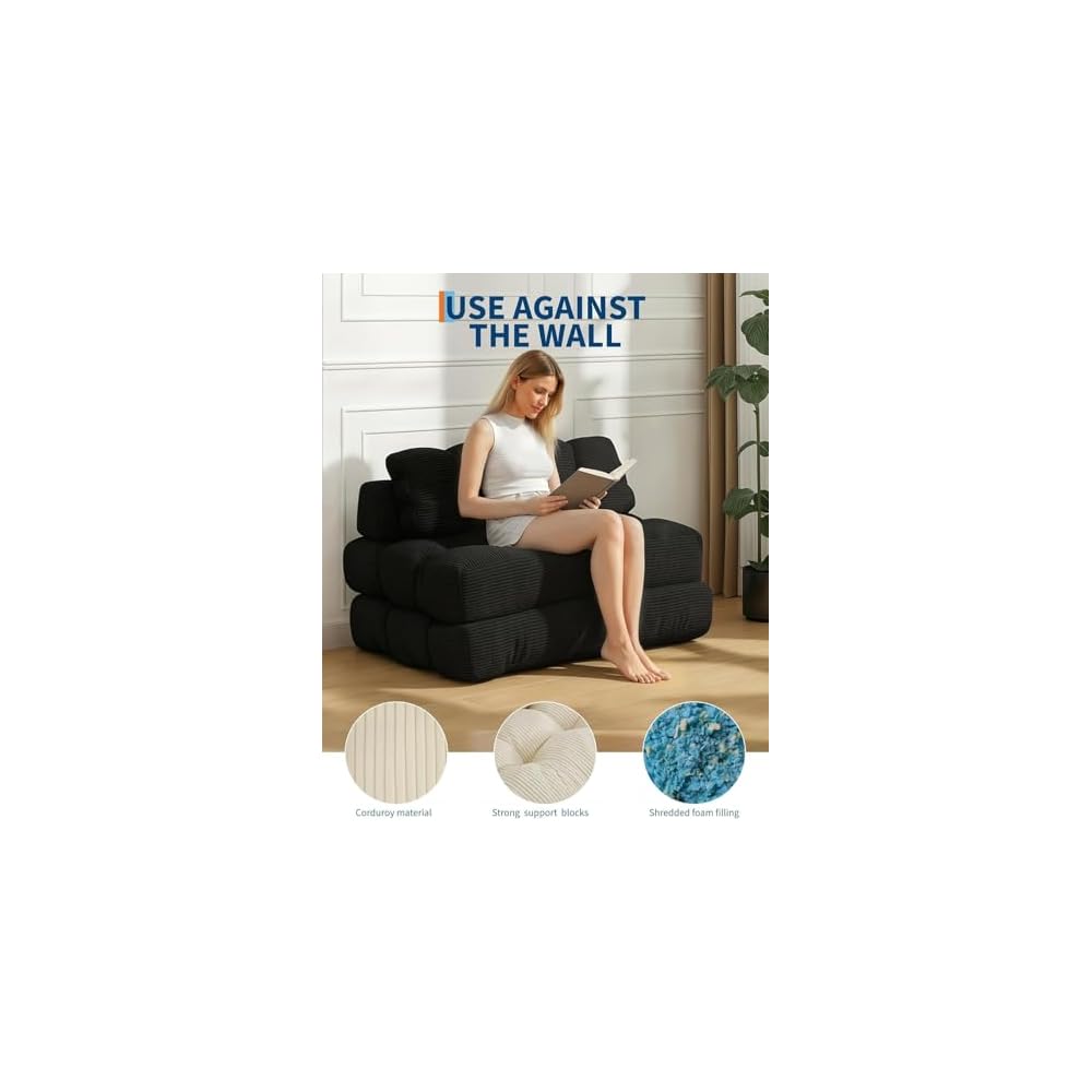 3-in-1 Folding Convertible Sofa Bed with Pillow Foldable Matress with Back Support, Black Double Comfy Portable Sleeper Chair Floor Sofa Lounge for Living Room Bedroom, No Assemble Required