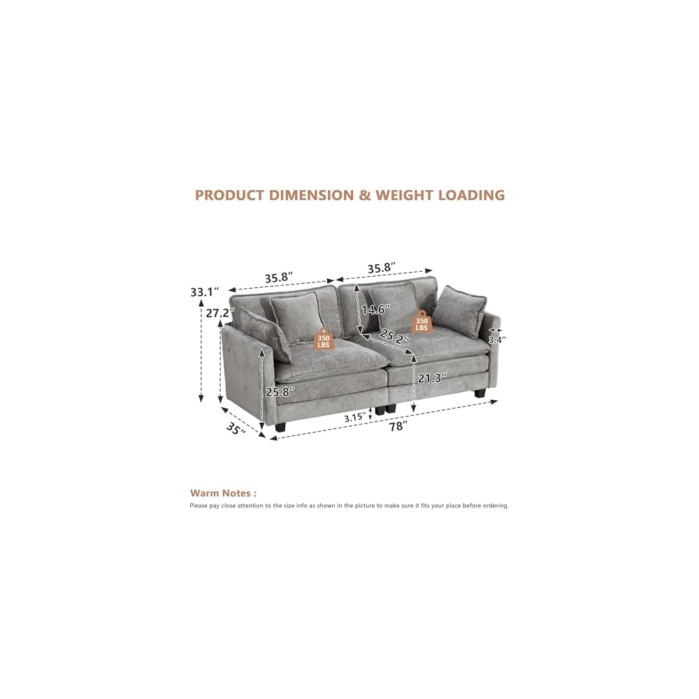 Modular Sectional 2 Seater Cloud Sofa Couch for Living Room,Loveseat Couch with Deep Seat,Modern Chenille 2 Seat Sofas,Fluffy Small Couches for Bedroom,Small Spaces (Grey, 2 Seater)