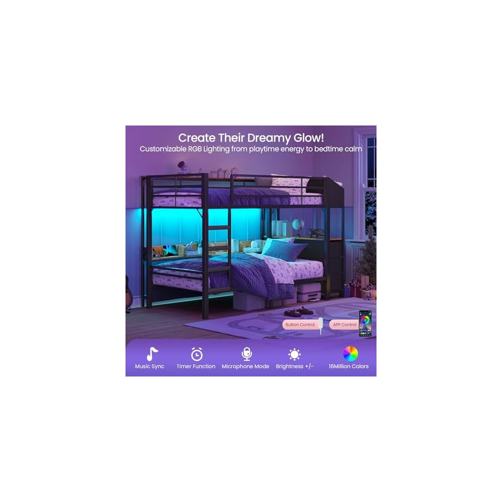 Twin Over Twin Bunk Bed with 6 Storage Drawers & 3 Boxes, Dual Side Shelves, Twin Bunk Beds for Kids with LED Lights and Charging Station, Heavy Duty Metal Bunk Bed with Safety Guardrail and Ladder
