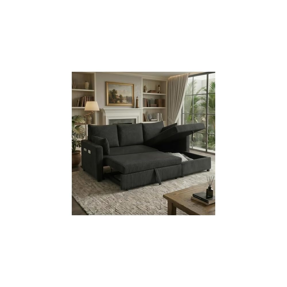 Sectional Sleeper Sofa with Pull Out Bed, L Shape Convertible Sofa Bed Couch with Storage Chaise, 3 in 1 Pull Out Sofa Bed with 3 Seats for Living Room,Apartment, Black, 85Inch