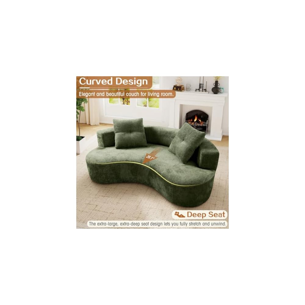 Curved Cloud Boneless Couch, Boucle Fabric Modern Comfy Loveseat Sofa with Deep Seat & 2 Pillows, Upholstered Oversized Couch for Living Room, Bedroom, Apartment, No Assembly Required(Green, 80" W)