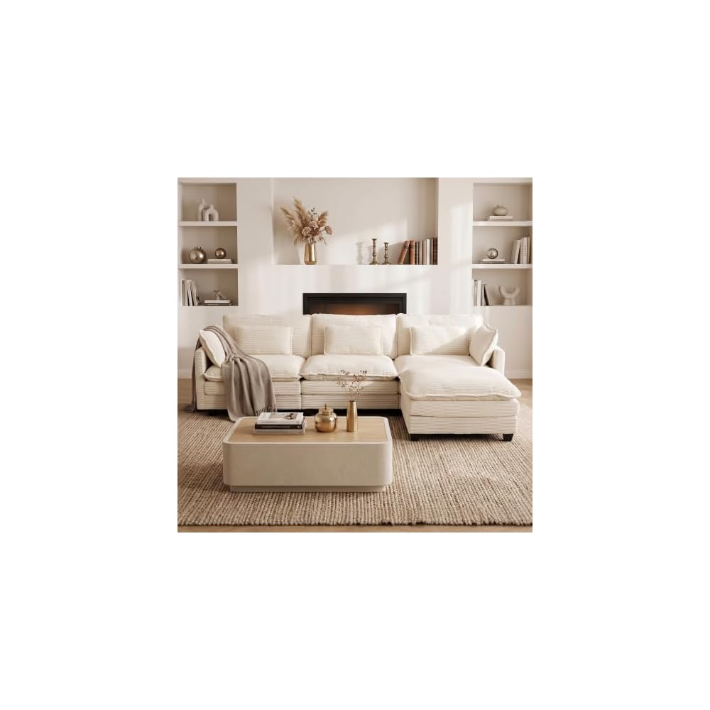 111" L Shaped Sectional Couches for Living Room with Movable Ottoman, Modular Cloud Couch with Deep Seat, Comfy Corduroy Sofa with Pillows for Bedroom and Apartment, Beige
