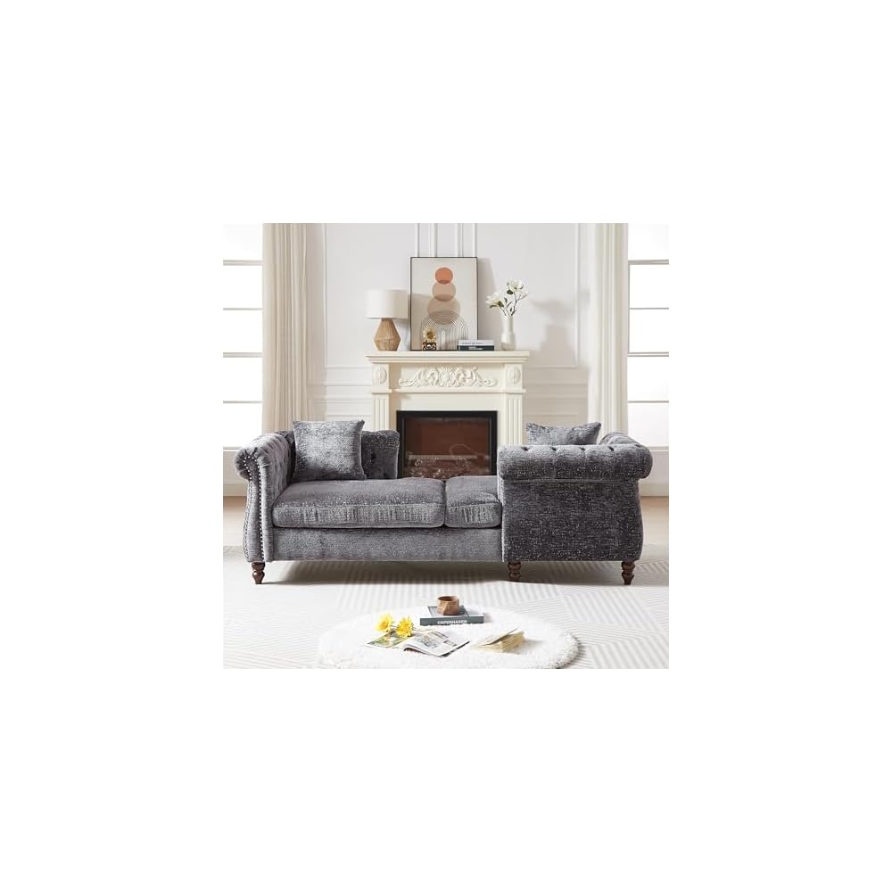 81" Chenille Face-to-face Chaise Lounge, Button Tufted Design Sofa, Modern Comfortable Loveseat Couch with Two Pillows&Nail Head Trim&Rolled Arms for Lounge Living Room Office, Grey