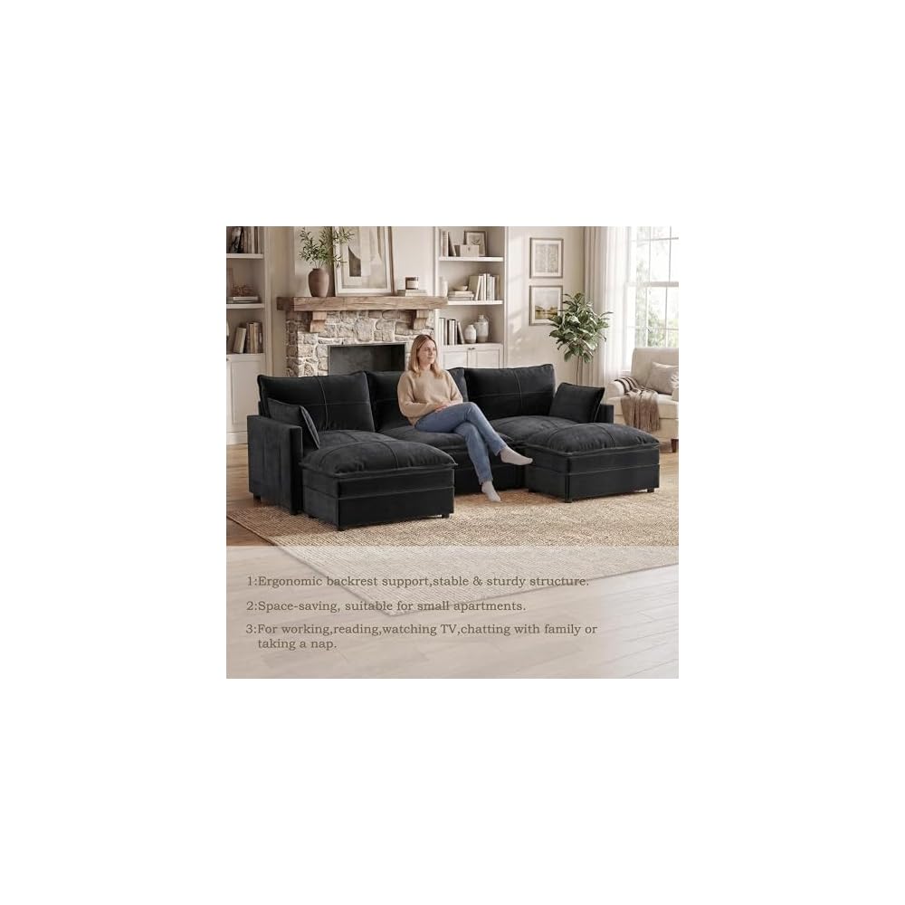 Grey U Shaped Couch, Modern Modular Convertible Sectional, L Shaped Sofa with Removable Washable Covers, Deep Seat Cloud Couch with 300 LBS Per Seat Capacity for Living Room, Bedroom