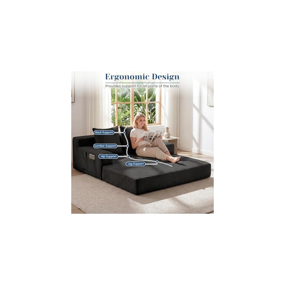 Convertible Sofa Bed,Small Boneless Couch & Boneless Loveseat,Pull Out Couch Bed for Small Spaces,Premium Luxe Corduroy Folding Floor Futon Sleeper with Side Pocket & 2 Pillows, No Assembly Required