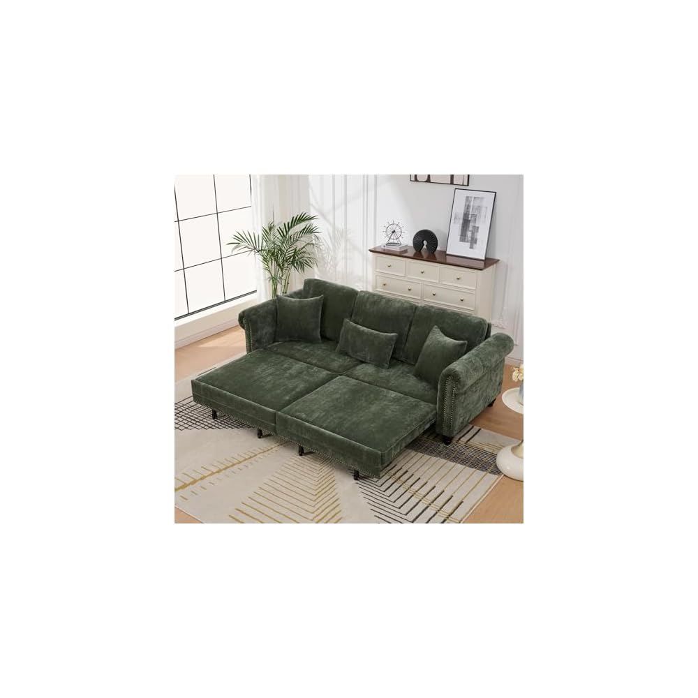 King Size Pull Out Sofa Bed 3 in 1 Classic Modern Convertible Sleeper Chenille Upholstery Nailhead, Rolled Arm Sturdy Metal Frame 600 lbs for Living Room Apartment Office Small Spaces, Green