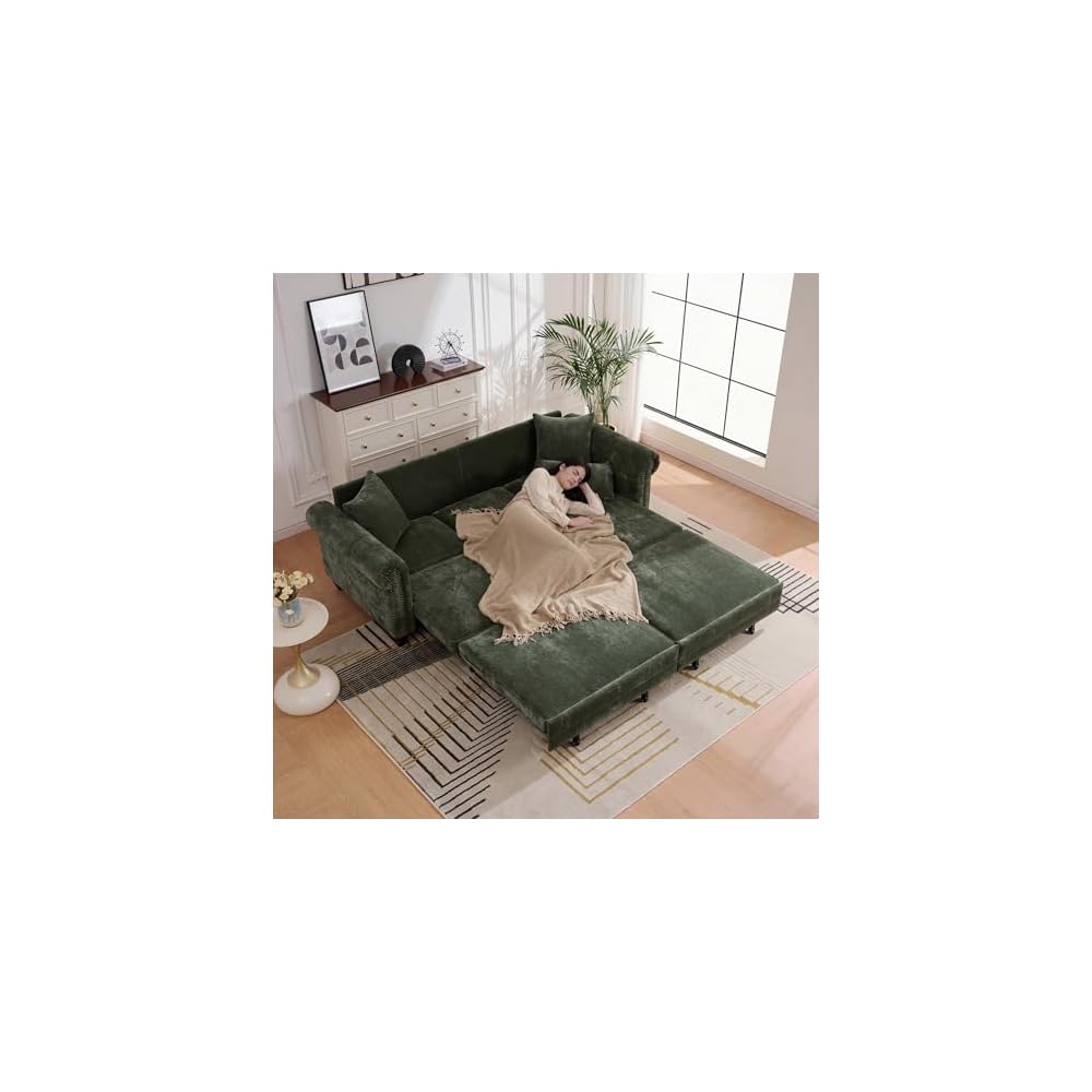 King Size Pull Out Sofa Bed 3 in 1 Classic Modern Convertible Sleeper Chenille Upholstery Nailhead, Rolled Arm Sturdy Metal Frame 600 lbs for Living Room Apartment Office Small Spaces, Green