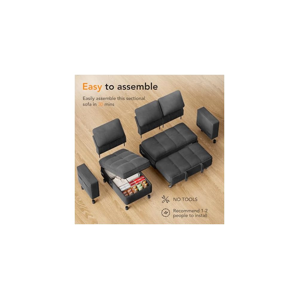 Pull Out Sofa Bed, 81" L Shaped Couch Sleeper Sofa with Reclining Backrest | Reversible Storage Chaise | USB Port | Side Pocket | Tool-Free Assembly | Chenille Dark Grey
